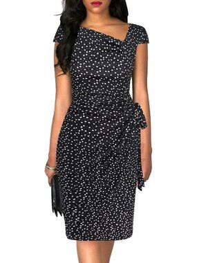 Women's Retro Cap Sleeve Knee-Length Sheath Black Heart Bodycon Faux Wrap Dress